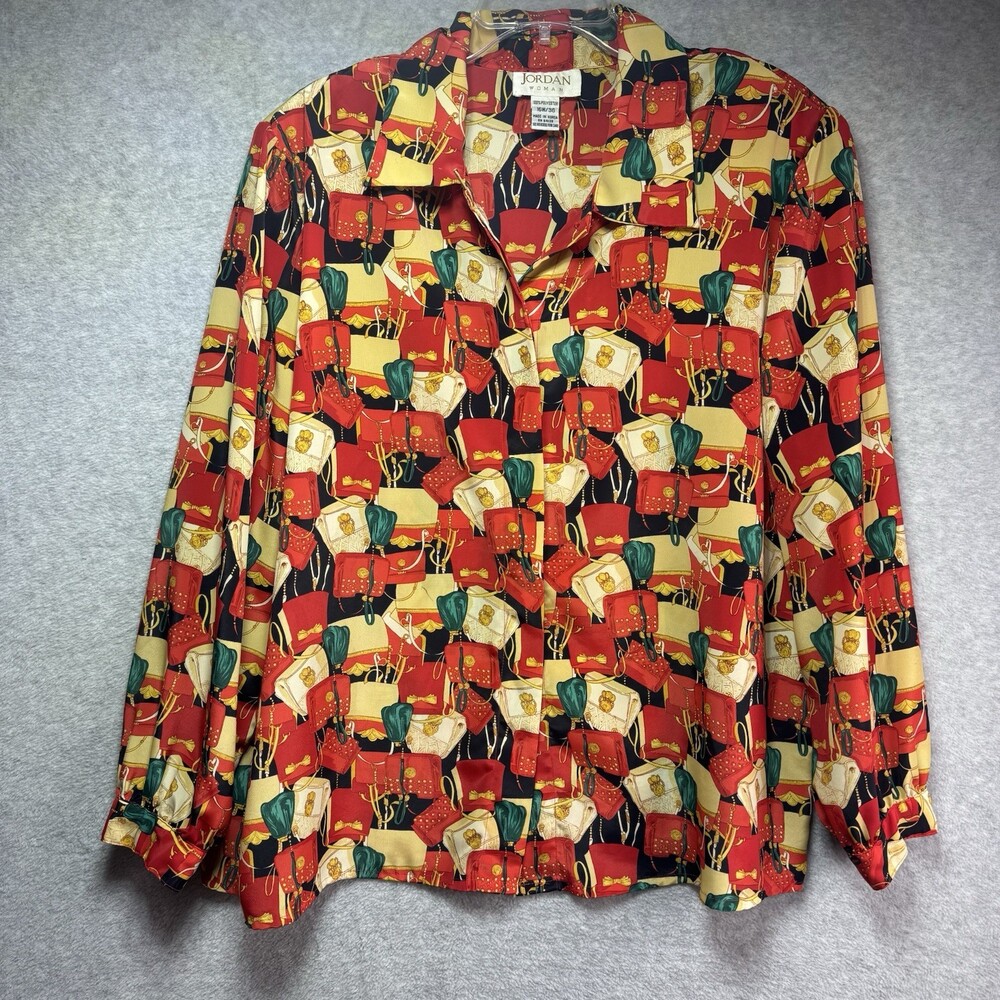 Vintage Jordan Blouse 16W Long Sleeve Button Novelty Italian Purse Bows Handbags